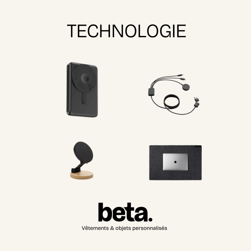 Les goodies liés à la technologie comme les batterie externes (powerbank), câble de rechargement, tapis de souris ou encore support de téléphone sont très appréciés comme cadeaux.