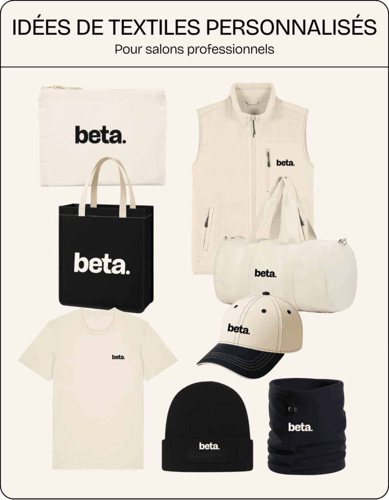 Textiles personnalisés pour salons professionnels : t-shirts, sweats, vestes et accessoires pour habiller vos équipes et renforcer votre image de marque sur événement.