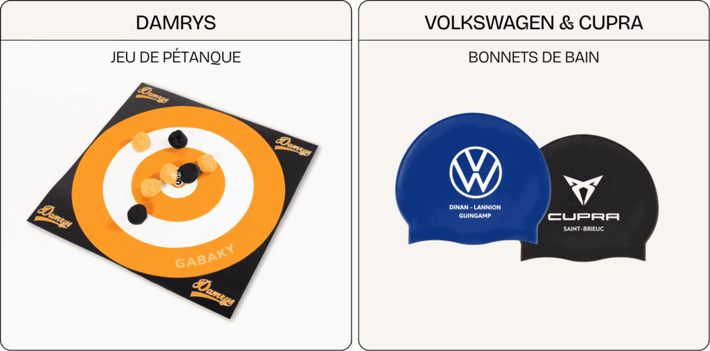 Image montrant un jeu de pétanque Gabaky aux couleurs de Damrys ainsi que deux bonnets de bain personnalisés, l’un bleu pour Volkswagen et l’autre noir pour Cupra