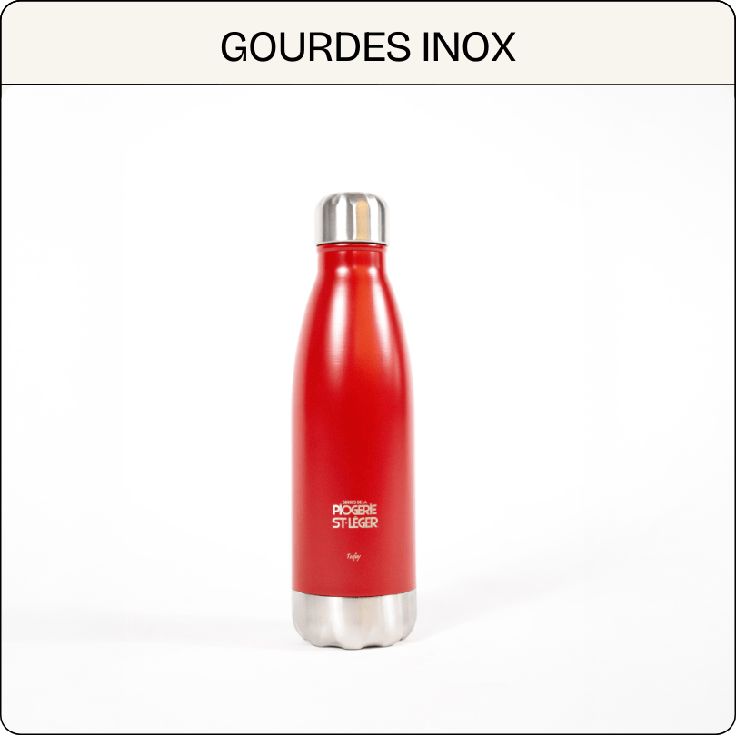 Gourde inox rouge personnalisée Piogarie St Léger avec bouchon métallique.