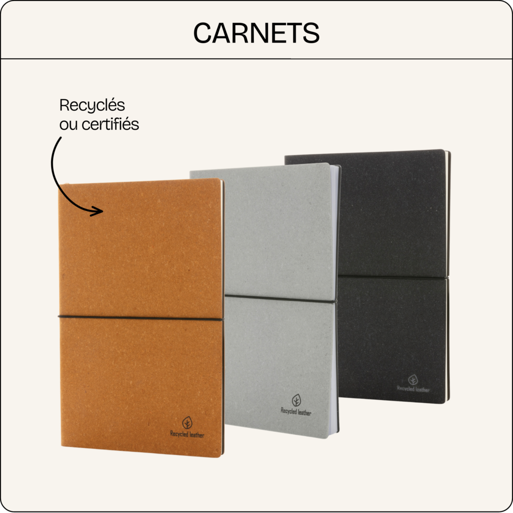 Carnets à couverture rigide présentés sur fond clair, modèles en matières recyclées ou certifiées, déclinés en plusieurs couleurs avec élastique de fermeture.