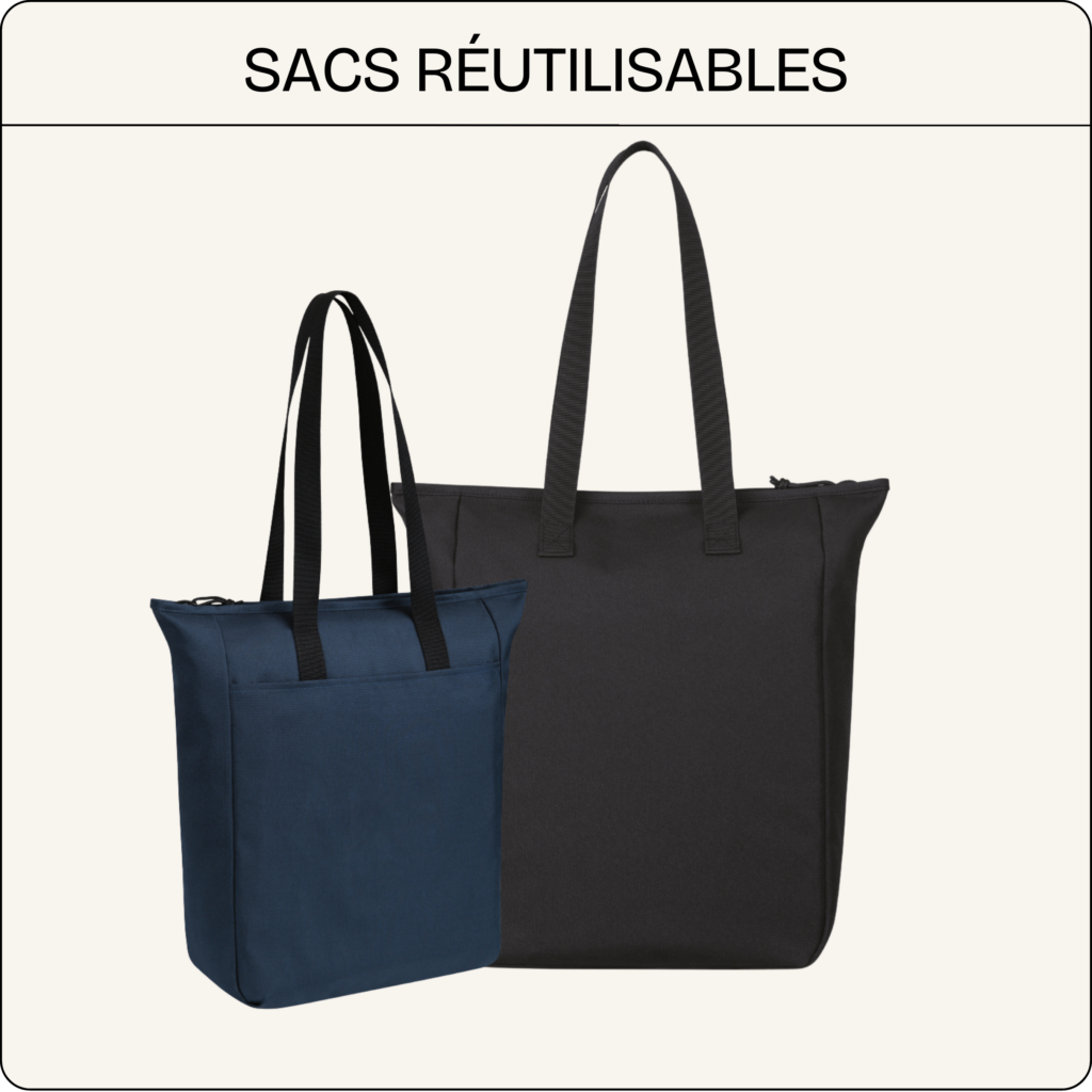 Sacs réutilisables présentés sur fond clair, grands sacs cabas en tissu avec anses longues, montrés en deux formats et deux couleurs.