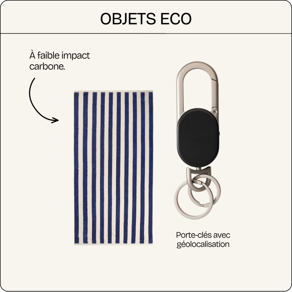 Objets à faible impact carbone présentés sur fond clair : serviette textile rayée et porte-clés avec système de géolocalisation.