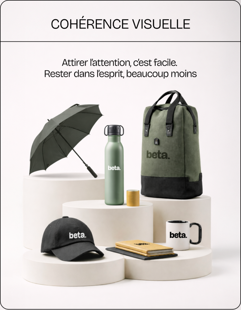 Sélection de goodies et accessoires personnalisés Beta avec identité visuelle cohérente : sac, gourde, casquette, mug, carnet et parapluie pour communication de marque et événements.