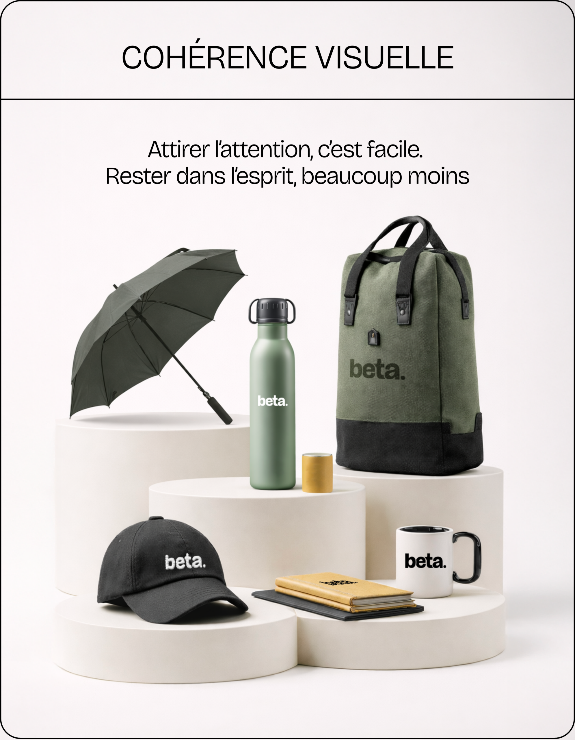 Sélection de goodies et accessoires personnalisés Beta avec identité visuelle cohérente : sac, gourde, casquette, mug, carnet et parapluie pour communication de marque et événements.