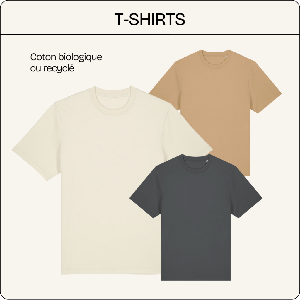 T-shirts à manches courtes présentés sur fond clair, en coton biologique ou recyclé, déclinés en plusieurs couleurs neutres.