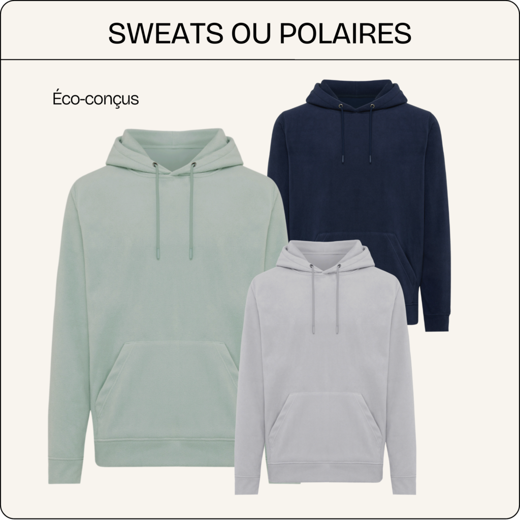 Sweats à capuche éco-conçus présentés sur fond clair, modèles unis en plusieurs couleurs, avec poches kangourou et capuche.