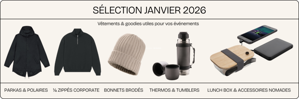 Sélection de vêtements et goodies personnalisables pour entreprises et événements : parkas, polaires 1/4 zippées, bonnets brodés, thermos, tumblers et lunch box corporate.