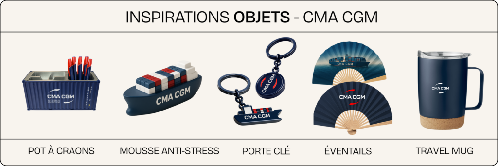 Objets publicitaires CMA CGM : pot à crayons container, mousse anti-stress bateau, porte-clé métal, éventails personnalisés et travel mug logotypé.