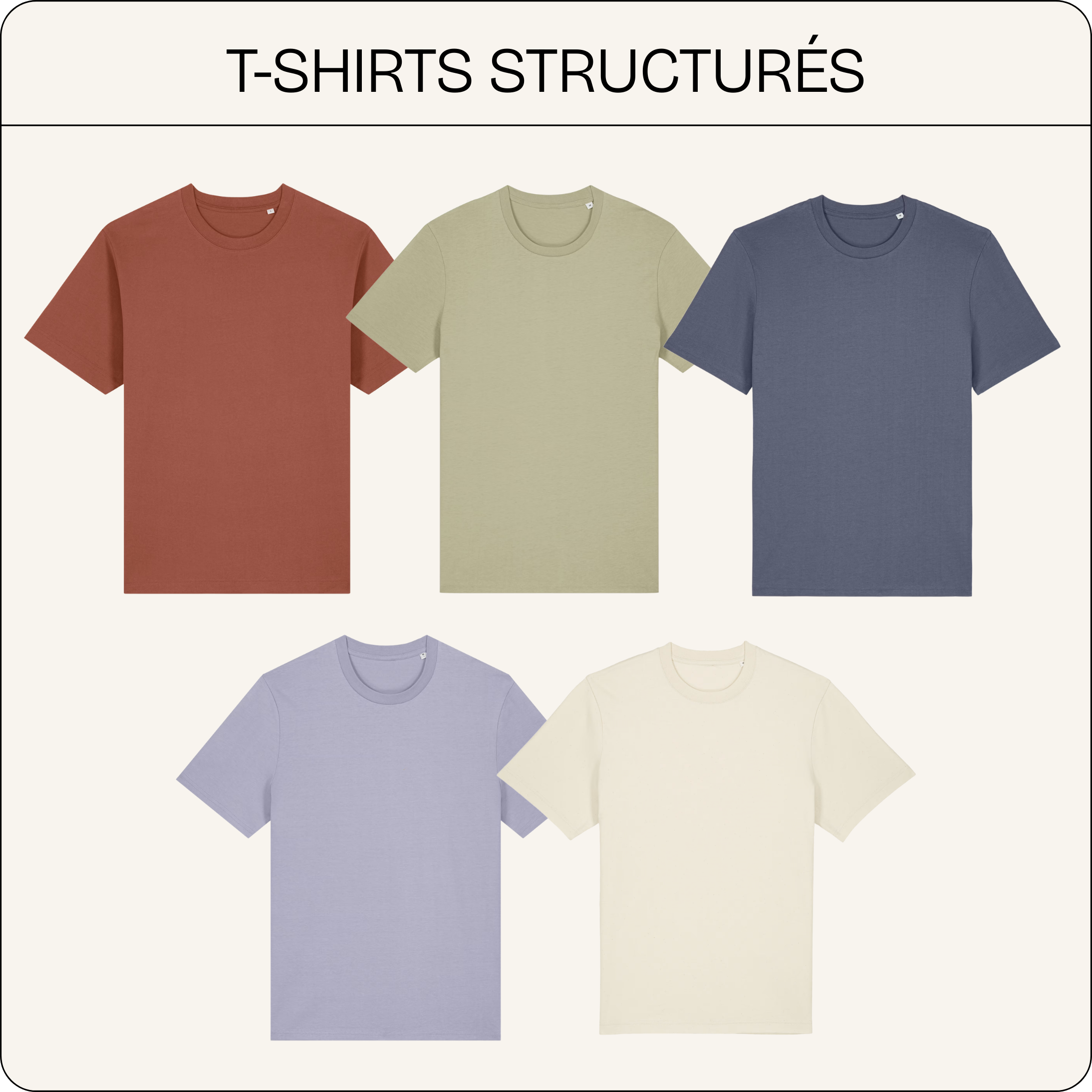 T-shirts structurés en palette printemps 2026 : terracotta, vert sauge, bleu ardoise, lavande et beige sable.