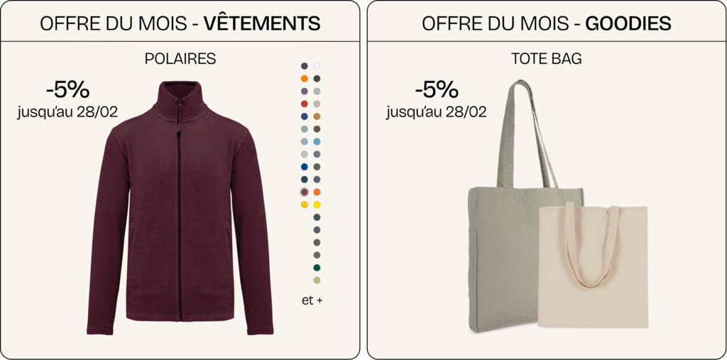 A gauche, polaire zippée unie présentée de face sur fond clair, modèle à col montant décliné en plusieurs couleurs, avec mention d’une offre promotionnelle.

A droite, Tote bags en tissu présentés sur fond clair, sacs réutilisables avec anses longues, montrés en deux coloris, avec mention d’une offre promotionnelle.