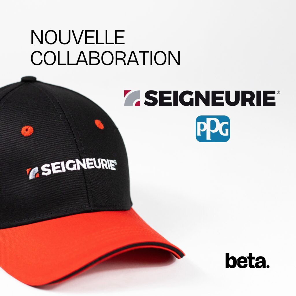 Casquette brodée Seigneurie issue d’une collaboration avec PPG, textile corporate personnalisé.