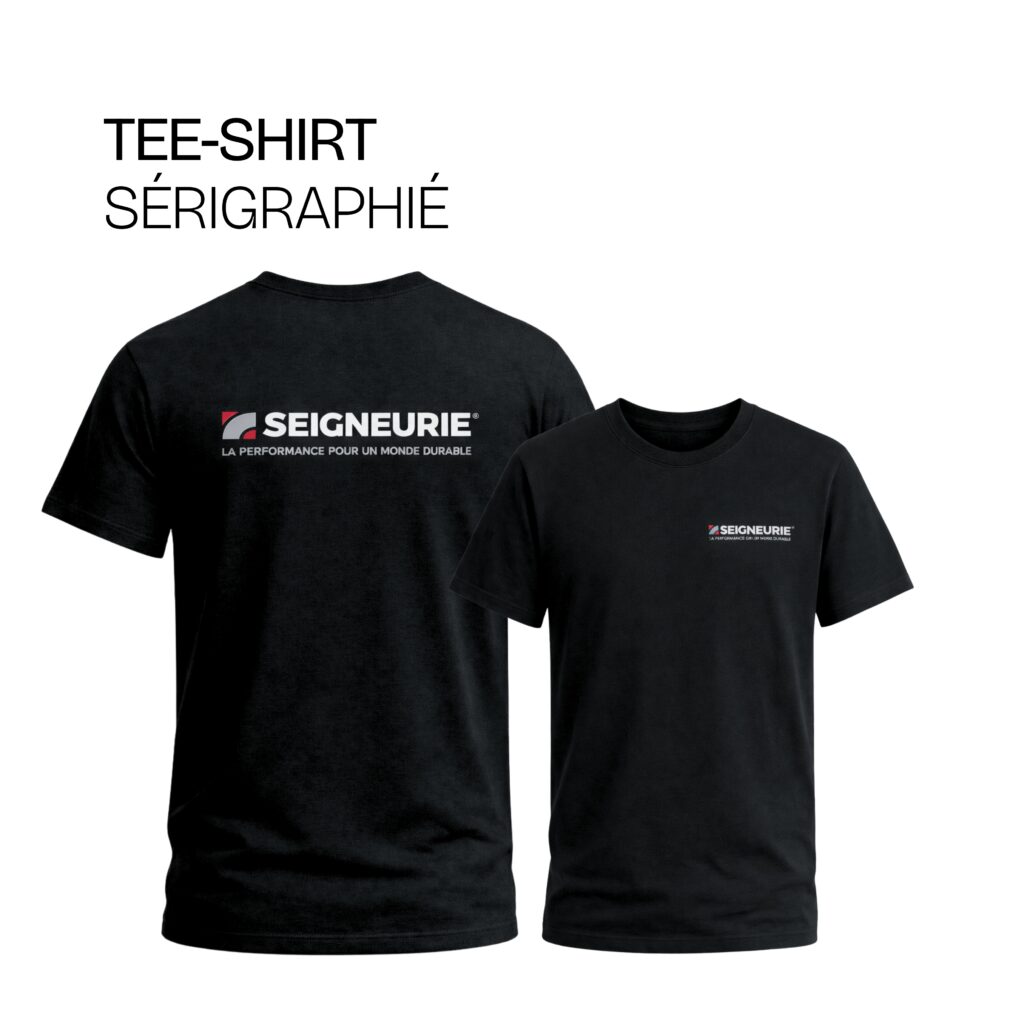 Tee-shirt noir sérigraphié Seigneurie, marquage poitrine et dos en impression blanche haute visibilité.